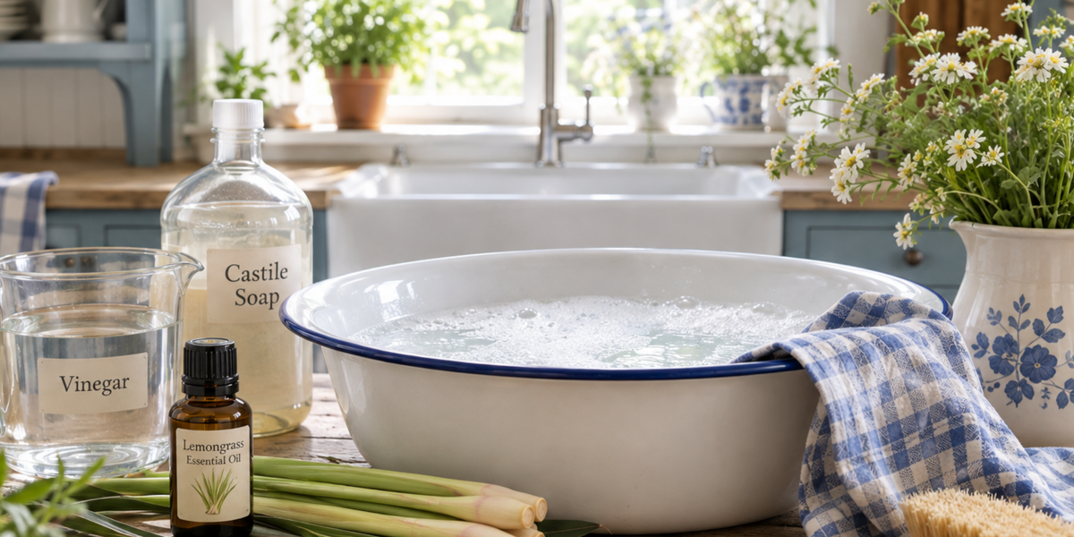 Lemongrass essential oil with Castile soap, vinegar and warm soapy water for natural household cleaning.