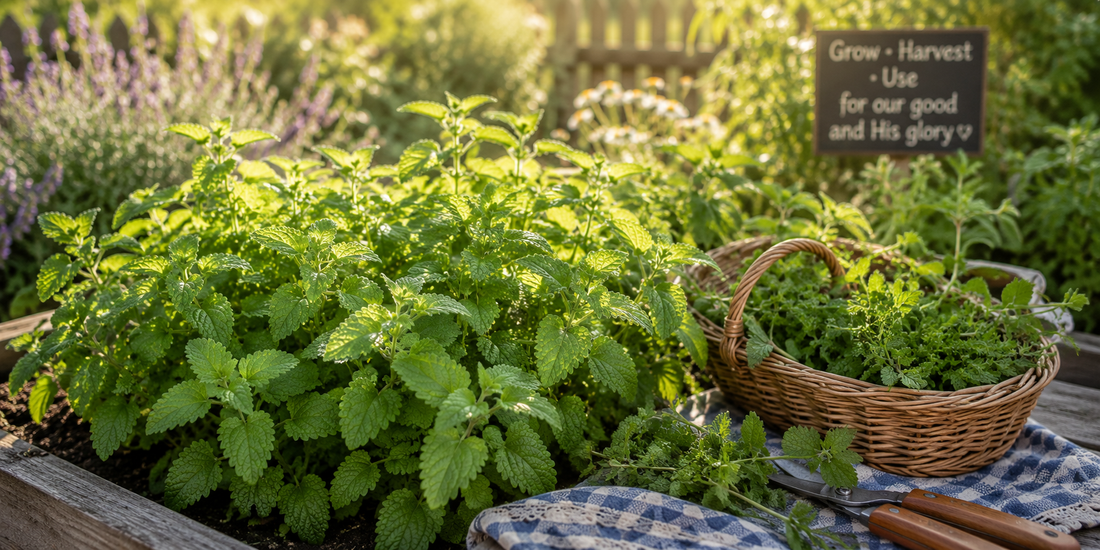 Lemon balm growing in a sunny herb garden with freshly harvested leaves gathered in a wicker basket.