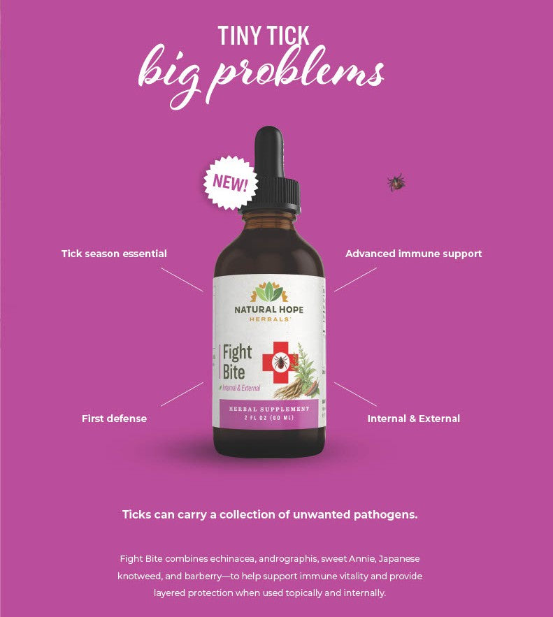 Bottle of Natural Hope Fight Bite supplement on a purple background with text about tick season, immune support, and defense.